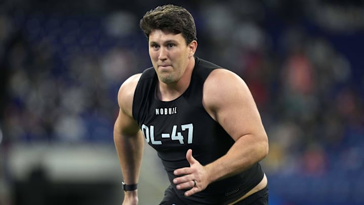 Mar 5, 2023; Indianapolis, IN, USA; Southern California offensive lineman Andrew Vorhees (OL47) during the NFL Scouting Combine at Lucas Oil Stadium. Mandatory Credit: Kirby Lee-Imagn Images