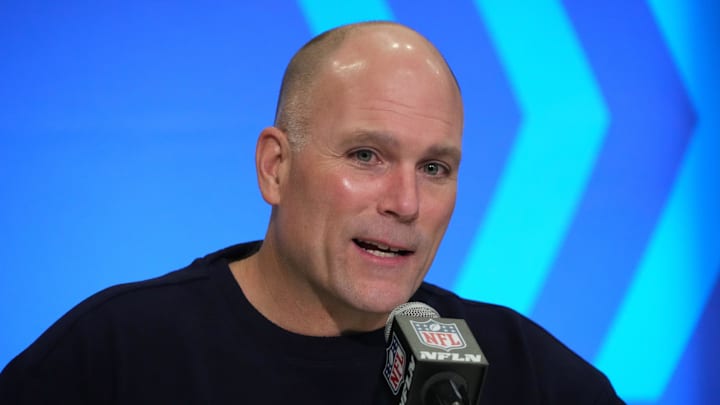 Feb 27, 2024; Indianapolis, IN, USA; Baltimore Ravens general manager Eric DeCosta speaks during a press conference during the NFL Scouting Combine at Indiana Convention Center. Mandatory Credit: Kirby Lee-Imagn Images