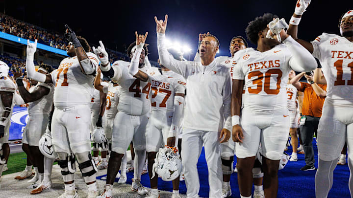 Oct 18, 2025; Lexington, Kentucky, USA; Texas Longhorns head coach Steve Sarkisian celebrates with his team after winning the game against the Kentucky Wildcats at Kroger Field. Mandatory Credit: Jordan Prather-Imagn Images