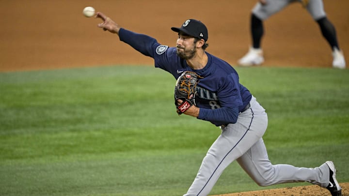 Sep 22, 2024; Arlington, Texas, USA; Seattle Mariners relief pitcher JT Chargois (84) pitches against the Texas Rangers during the seventh inning at Globe Life Field.