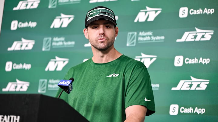 Jun 11, 2025; Florham Park, NY, USA; New York Jets offensive coordinator Tanner Engstrand speaks at a press conference during minicamp at Atlantic Health Jets Training Center. Mandatory Credit: John Jones-Imagn Images Jun 11, 2025; Florham Park, NY, USA; New York Jets offensive coordinator Tanner Engstrand speaks at a press conference during minicamp at Atlantic Health Jets Training Center. Mandatory Credit: John Jones-Imagn Images