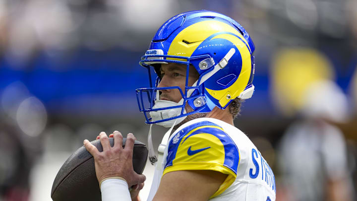 Sep 7, 2025; Inglewood, California, USA; Los Angeles Rams quarterback Matthew Stafford (9) wams up before the game against the Houston Texans at SoFi Stadium. Mandatory Credit: Kirby Lee-Imagn Images Sep 7, 2025; Inglewood, California, USA; Los Angeles Rams quarterback Matthew Stafford (9) wams up before the game against the Houston Texans at SoFi Stadium. Mandatory Credit: Kirby Lee-Imagn Images