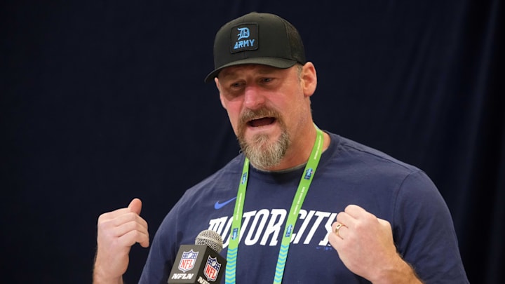 Feb 25, 2025; Indianapolis, IN, USA; Detroit Lions coach Dan Campbell speaks during the NFL Scouting Combine at the Indiana Convention Center. Mandatory Credit: Kirby Lee-Imagn Images