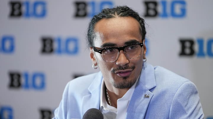 Jul 24, 2025; Las Vegas, NV, USA; UCLA quarterback Nico Iamaleava speaks to the media during the Big Ten NCAA college football media days at Mandalay Bay Resort. Mandatory Credit: Lucas Peltier-Imagn Images