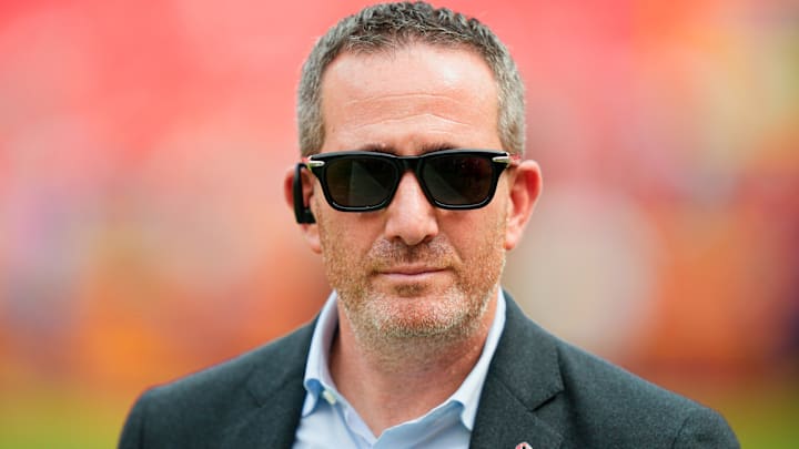 Sep 14, 2025; Kansas City, Missouri, USA; Philadelphia Eagles general manager Howie Roseman looks on prior to the game between the Kansas City Chiefs and the Philadelphia Eagles at GEHA Field at Arrowhead Stadium. Mandatory Credit: Jay Biggerstaff-Imagn Images