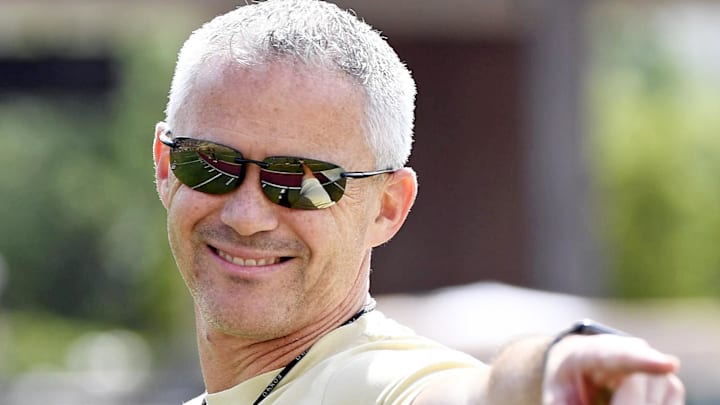 Apr 20, 2024; Tallahassee, Florida, USA; Florida State Seminoles head coach Mike Norvell smiles