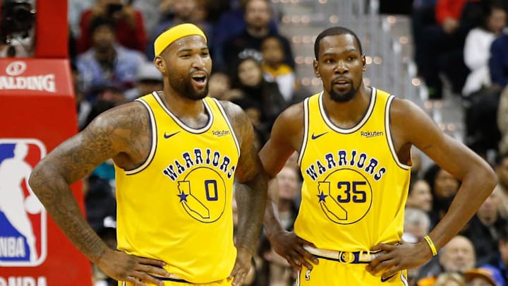 Jan 24, 2019; Washington, DC, USA; Golden State Warriors center DeMarcus Cousins (0) stands on the court with Warriors forward Kevin Durant (35) against the Washington Wizards at Capital One Arena. Mandatory Credit: Geoff Burke-Imagn Images