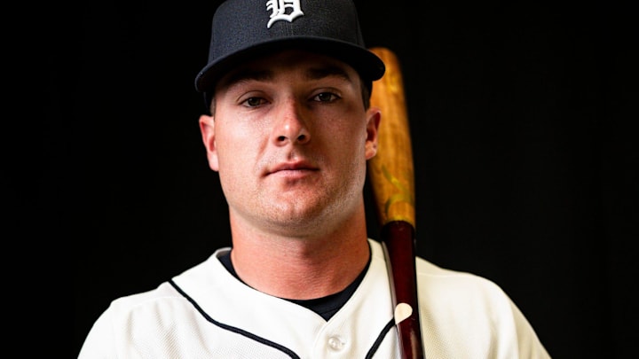 Tigers top prospect Kevin McGonigle on picture day during spring training at TigerTown in Florida