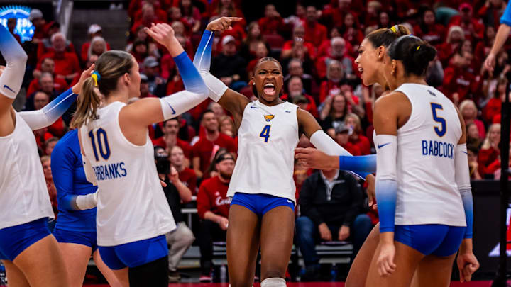 Pitt Volleyball Celebrates Scoring Point in Win vs. Louisville