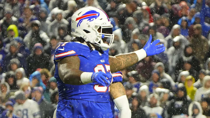 Dec 17, 2023; Orchard Park, New York, USA; Buffalo Bills defensive tackle Jordan Phillips (97) celebrates a play in the second half against the Dallas Cowboys at Highmark Stadium.