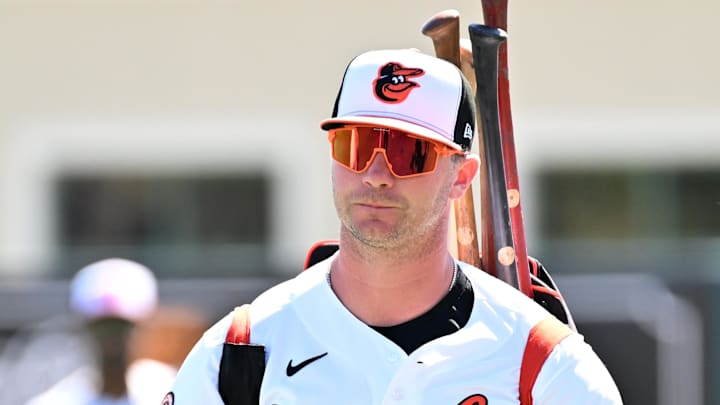 Feb 20, 2026; Sarasota, Florida, USA; Baltimore Orioles first baseman Pete Alonso (25) prepares to warm up  before the start of the spring training game against the New York Yankees at Ed Smith Stadium. Mandatory Credit: Jonathan Dyer-Imagn Images