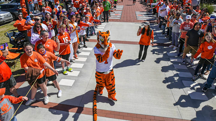 Clemson University Tiger mascot during Tiger Walk before the Spring football game in Clemson, S.C. Saturday, April 6, 2024.