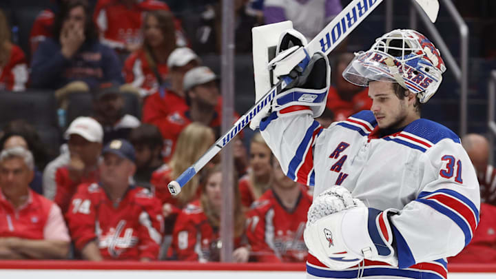 Apr 28, 2024; Washington, District of Columbia, USA; New York Rangers goaltender Igor Shesterkin (31) skates back to his goal during a timeout against the Washington Capitals in the third period in game four of the first round of the 2024 Stanley Cup Playoffs at Capital One Arena. Mandatory Credit: Geoff Burke-Imagn Images