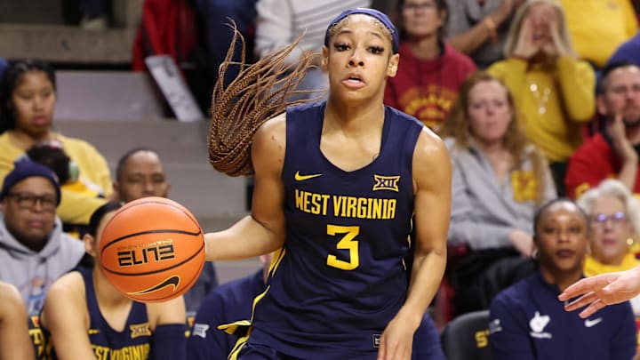 Jan 11, 2026; Ames, Iowa, USA; West Virginia Mountaineers guard Gia Cooke (3) sets the offense against the Iowa State Cyclones during the second half at James H. Hilton Coliseum. Mandatory Credit: Reese Strickland-Imagn Images