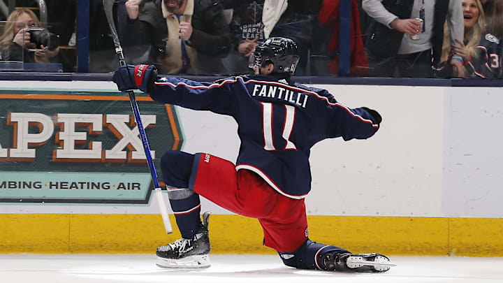 Dec 29, 2023; Columbus, Ohio, USA; Columbus Blue Jackets center Adam Fantilli (11) celebrates his