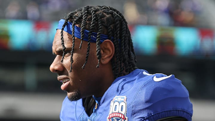 Nov 24, 2024; East Rutherford, New Jersey, USA; New York Giants wide receiver Malik Nabers (1) warms up before the game against the Tampa Bay Buccaneers at MetLife Stadium.  