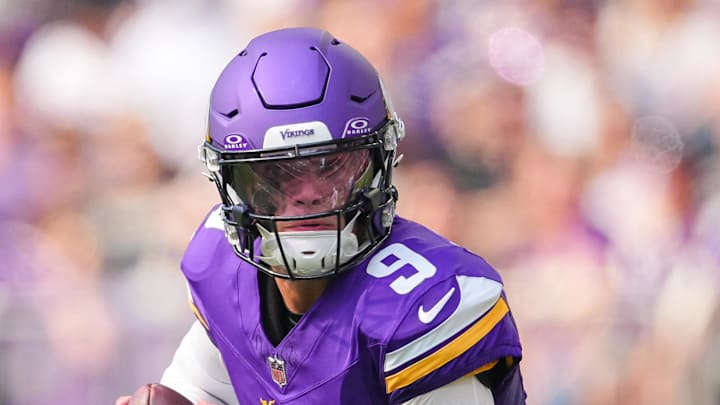 Aug 10, 2024; Minneapolis, Minnesota, USA; Minnesota Vikings quarterback J.J. McCarthy (9) scrambles against the Las Vegas Raiders in the second quarter at U.S. Bank Stadium. Mandatory Credit: Brad Rempel-Imagn Images Aug 10, 2024; Minneapolis, Minnesota, USA; Minnesota Vikings quarterback J.J. McCarthy (9) scrambles against the Las Vegas Raiders in the second quarter at U.S. Bank Stadium. Mandatory Credit: Brad Rempel-Imagn Images