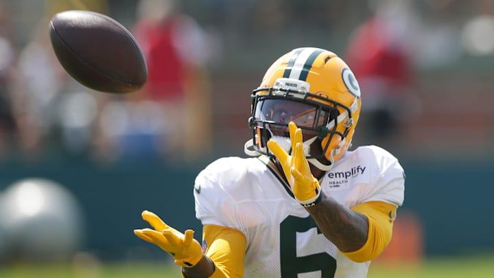 Green Bay Packers wide receiver Mecole Hardman (6) participates in drills during fifth day of training camp on July 28, 2025, at Ray Nitschke Field in Ashwaubenon, Wis.