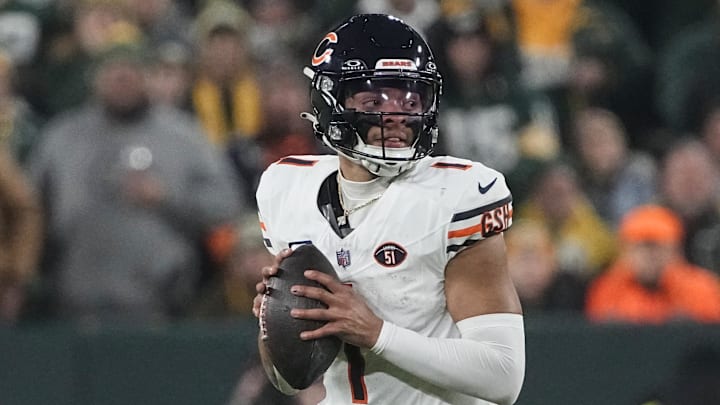 Jan 7, 2024; Green Bay, Wisconsin, USA;  Chicago Bears quarterback Justin Fields (1) during the game