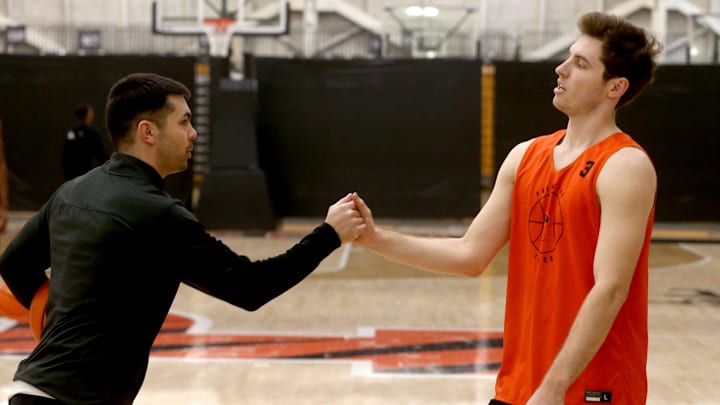 Princeton University Assistant Coach Brett MacConnell is shwon with Guard Ryan Langborg on the court at the University's Jadwin Gym Monday afternoon, March 20, 2023. The team were preparing for their NCAA Sweet 16 appearance.
Basketball Princeton Men S Basketball Sweet 16 Team Practice Princeton University Assistant Coach Brett MacConnell is shwon with Guard Ryan Langborg on the court at the University's Jadwin Gym Monday afternoon, March 20, 2023. The team were preparing for their NCAA Sweet 16 appearance.
Basketball Princeton Men S Basketball Sweet 16 Team Practice