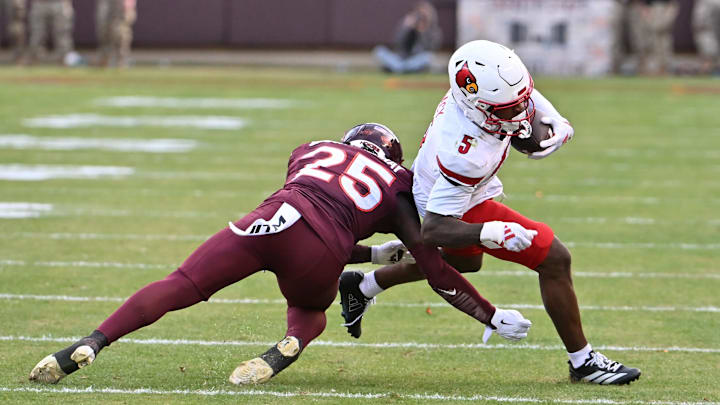 Nov 1, 2025; Blacksburg, Va.; Louisville wide receiver Caullin Lacy (5) runs after a catch.