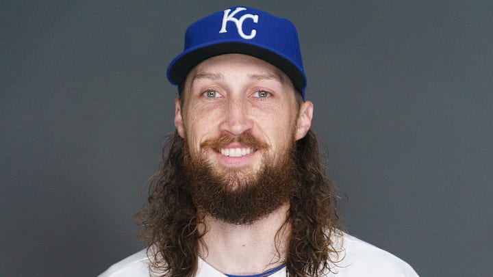 Feb 19, 2026; Surprise, AZ, USA; Kansas City Royals pitcher Matt Strahm (25) poses for a photo for MLB media day at Surprise Stadium. Mandatory Credit: Allan Henry-Imagn Images