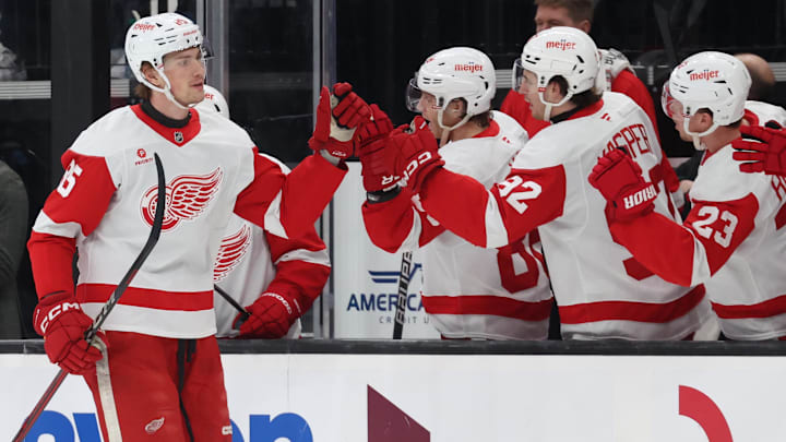 Mar 24, 2025; Salt Lake City, Utah, USA; Detroit Red Wings left wing Elmer Soderblom (85) celebrates a goal against the Utah Hockey Club during the first period at Delta Center. Mandatory Credit: Rob Gray-Imagn Images