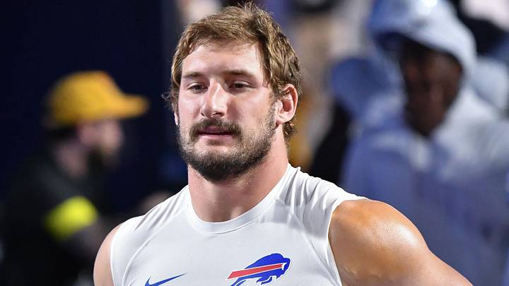 Buffalo Bills defensive end Joey Bosa (97) enters the field to warm up  before a game against the New England Patriots at Highmark Stadium.