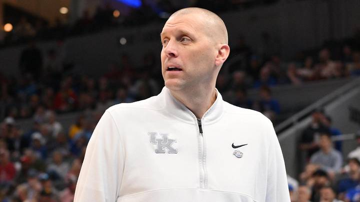 Mar 20, 2026; St. Louis, MO, USA; Kentucky Wildcats head coach Mark Pope looks on against the Santa Clara Broncos during the first half of a first round game of the men's 2026 NCAA Tournament at Enterprise Center. Mandatory Credit: Jeff Curry-Imagn Images Mar 20, 2026; St. Louis, MO, USA; Kentucky Wildcats head coach Mark Pope looks on against the Santa Clara Broncos during the first half of a first round game of the men's 2026 NCAA Tournament at Enterprise Center. Mandatory Credit: Jeff Curry-Imagn Images
