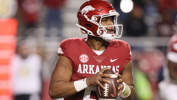 Nov 18, 2023; Fayetteville, Arkansas, USA; Arkansas Razorbacks quarterback Jacolby Criswell (6)