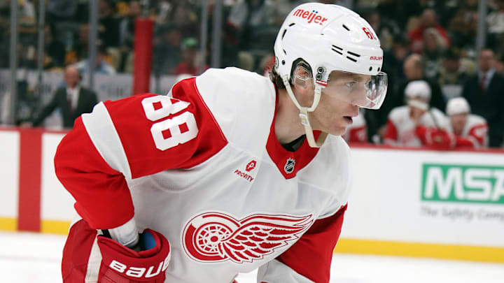 Nov 13, 2024; Pittsburgh, Pennsylvania, USA;  Detroit Red Wings right wing Patrick Kane (88) against the Pittsburgh Penguins during the second period at PPG Paints Arena. Mandatory Credit: Charles LeClaire-Imagn Images