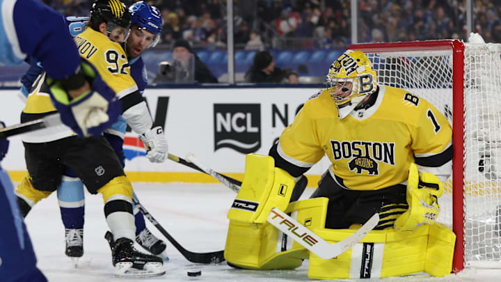 Feb 1, 2026; Tampa Bay, Florida, USA; Boston Bruins goaltender Jeremy Swayman (1) makes the save against the Tampa Bay Lightning during the second period in the 2026 Stadium Series ice hockey game at Raymond James Stadium. Mandatory Credit: Kim Klement Neitzel-Imagn Images Feb 1, 2026; Tampa Bay, Florida, USA; Boston Bruins goaltender Jeremy Swayman (1) makes the save against the Tampa Bay Lightning during the second period in the 2026 Stadium Series ice hockey game at Raymond James Stadium. Mandatory Credit: Kim Klement Neitzel-Imagn Images