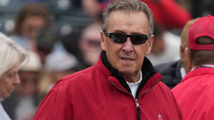 Mar 14, 2025; Tempe, Arizona, USA; Los Angeles Angels owner Arte Moreno gets ready for a game against the Kansas City Royals at Tempe Diablo Stadium. Mandatory Credit: Rick Scuteri-Imagn Images