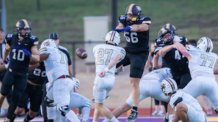 Rouse Raiders field goal attempt is blocked by Liberty Hill Panthers defensive end Alister Vallejo (56) and recovery leads to a Panther's touchdown during the first quarter at the non-district Class 5A football game on Friday, Sept 6, 2024, at Liberty Hill Panther Stadium in Liberty Hill, TX. Rouse Raiders field goal attempt is blocked by Liberty Hill Panthers defensive end Alister Vallejo (56) and recovery leads to a Panther's touchdown during the first quarter at the non-district Class 5A football game on Friday, Sept 6, 2024, at Liberty Hill Panther Stadium in Liberty Hill, TX.