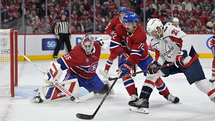 Apr 25, 2025; Montreal, Quebec, CAN; Montreal Canadiens goalie Sam Montembeault (35) stops Washington Capitals forward Nic Dowd (26) with the help of teammate defenseman Arber Xhekaj (72) during the first period in game three of the first round of the 2025 Stanley Cup Playoffs at the Bell Centre. Mandatory Credit: Eric Bolte-Imagn Images Apr 25, 2025; Montreal, Quebec, CAN; Montreal Canadiens goalie Sam Montembeault (35) stops Washington Capitals forward Nic Dowd (26) with the help of teammate defenseman Arber Xhekaj (72) during the first period in game three of the first round of the 2025 Stanley Cup Playoffs at the Bell Centre. Mandatory Credit: Eric Bolte-Imagn Images