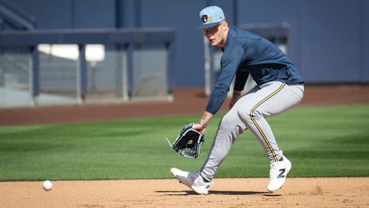 Milwaukee Brewers infielder Cooper Pratt fields a ground ball during spring training workouts Tuesday, February 17, 2026, at American Family Fields of Phoenix in Phoenix, Arizona.