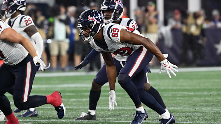 Aug 10, 2023; Foxborough, Massachusetts, USA; Houston Texans wide receiver Jared Wayne (89) comes off the line during the first half against the New England Patriots at Gillette Stadium. Mandatory Credit: Eric Canha-Imagn Images