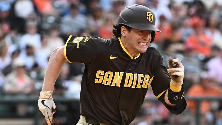 Jun 13, 2026; Baltimore, Maryland, USA;  San Diego Padres designated hitter Nick Solak (15) reaches base on a single during the eighth inning against the Baltimore Orioles at Oriole Park at Camden Yards. Mandatory Credit: James A. Pittman-Imagn Images