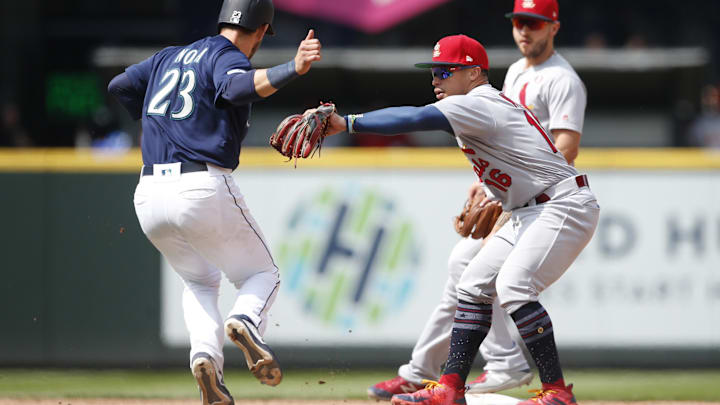 Jul 4, 2019; Seattle, WA, USA; St. Louis Cardinals second baseman Kolten Wong (16) tags out Seattle