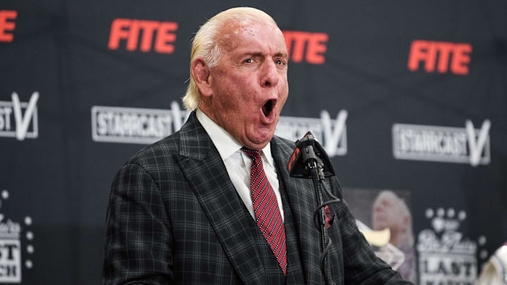 Ric Flair exclaims his trademark WOOO at his Last Match press conference at the Fairgrounds in Ric Flair exclaims his trademark WOOO at his Last Match press conference at the Fairgrounds in
