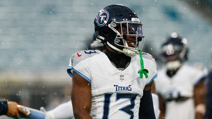 Dec 29, 2024; Jacksonville, Florida, USA; Tennessee Titans cornerback Chidobe Awuzie (13) before the game against the Jacksonville Jaguars at EverBank Stadium. Mandatory Credit: Morgan Tencza-Imagn Images