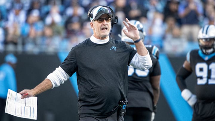 Nov 19, 2023; Charlotte, North Carolina, USA;  Carolina Panthers head coach Frank Reich on the sidelines in the third quarter at Bank of America Stadium. Mandatory Credit: Bob Donnan-Imagn Images
