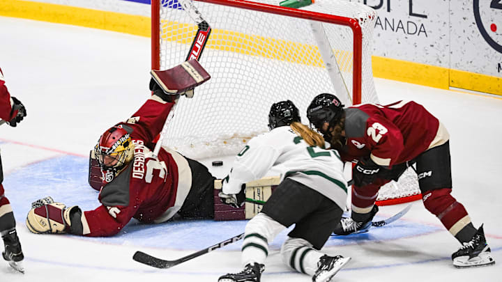 Jan 13, 2024; Montreal, Quebec, CANADA; Boston forward Hannah Brandt (20) scores a goal against Montreal goalie Ann-Renee Desbiens (35) during the second period in a PWHL ice hockey game at Verdun Auditorium. Mandatory Credit: David Kirouac-Imagn Images
