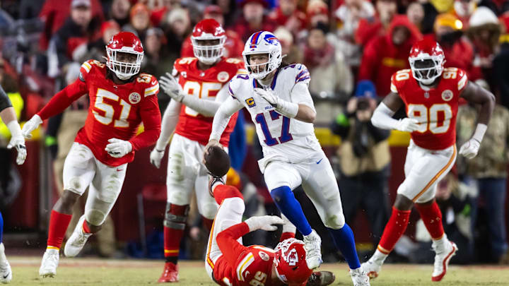 Jan 26, 2025; Kansas City, MO, USA; Buffalo Bills quarterback Josh Allen (17) runs the ball against the Kansas City Chiefs during the AFC Championship game at GEHA Field at Arrowhead Stadium. Mandatory Credit: Mark J. Rebilas-Imagn Images