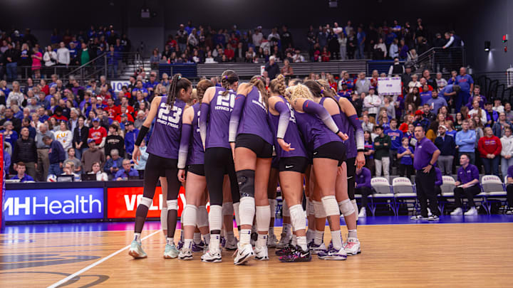 Nov. 13, 2024: TCU volleyball players gather following a loss to No. 12 Kansas in four sets. 