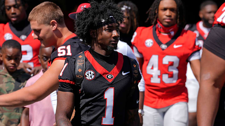 Georgia defensive back Ellis Robinson IV (1) arrives before the start of the Georgia G-Day spring football game in Athens, Ga., on Saturday, April 12, 2025. Georgia defensive back Ellis Robinson IV (1) arrives before the start of the Georgia G-Day spring football game in Athens, Ga., on Saturday, April 12, 2025.
