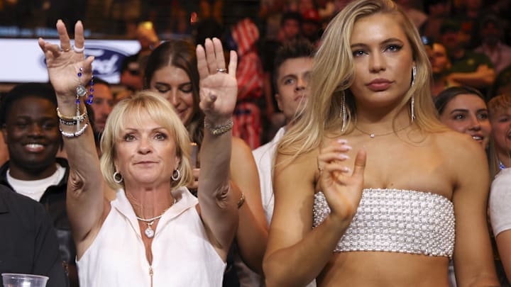 Jake Paul's mother Pam Stepnick and girlfriend Jutta Leerdam watch the former YouTuber's boxing match. Jake Paul's mother Pam Stepnick and girlfriend Jutta Leerdam watch the former YouTuber's boxing match.
