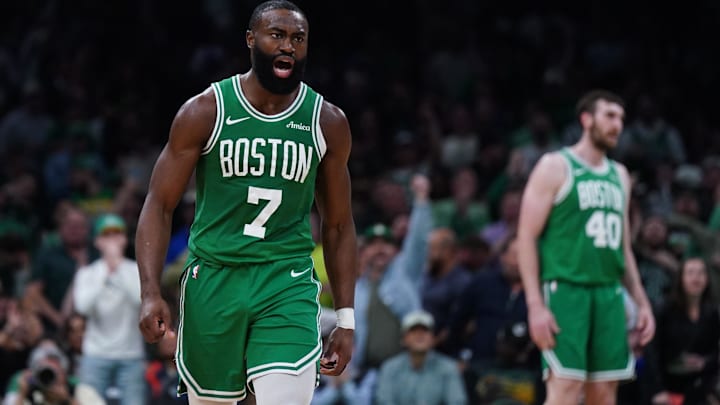 May 7, 2025; Boston, Massachusetts, USA; Boston Celtics guard Jaylen Brown (7) react after a play against the New York Knicks in the second quarter during game two of the second round for the 2025 NBA Playoffs at TD Garden. Mandatory Credit: David Butler II-Imagn Images