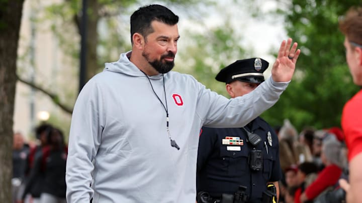 Apr 18, 2026; Columbus, OH, USA;  Ohio State head coach Ryan Day greets fans before the annual spring game at Ohio Stadium. Mandatory Credit: Joseph Maiorana-Imagn Images