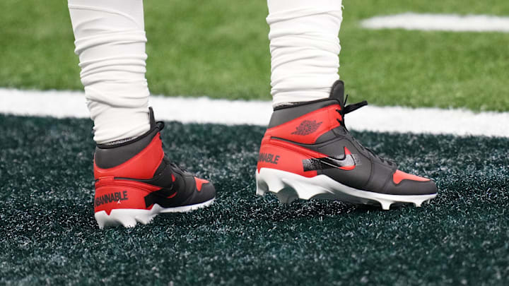 Philadelphia Eagles quarterback Jalen Hurts wears the Air Jordan 1 High before Super Bowl LIX. 